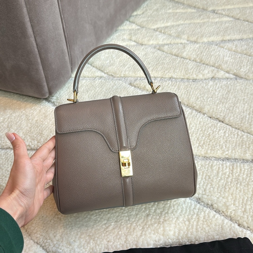 Celine 16 Small Bag with Leather Strap, Taupe Grained Leather, Gold Hardware